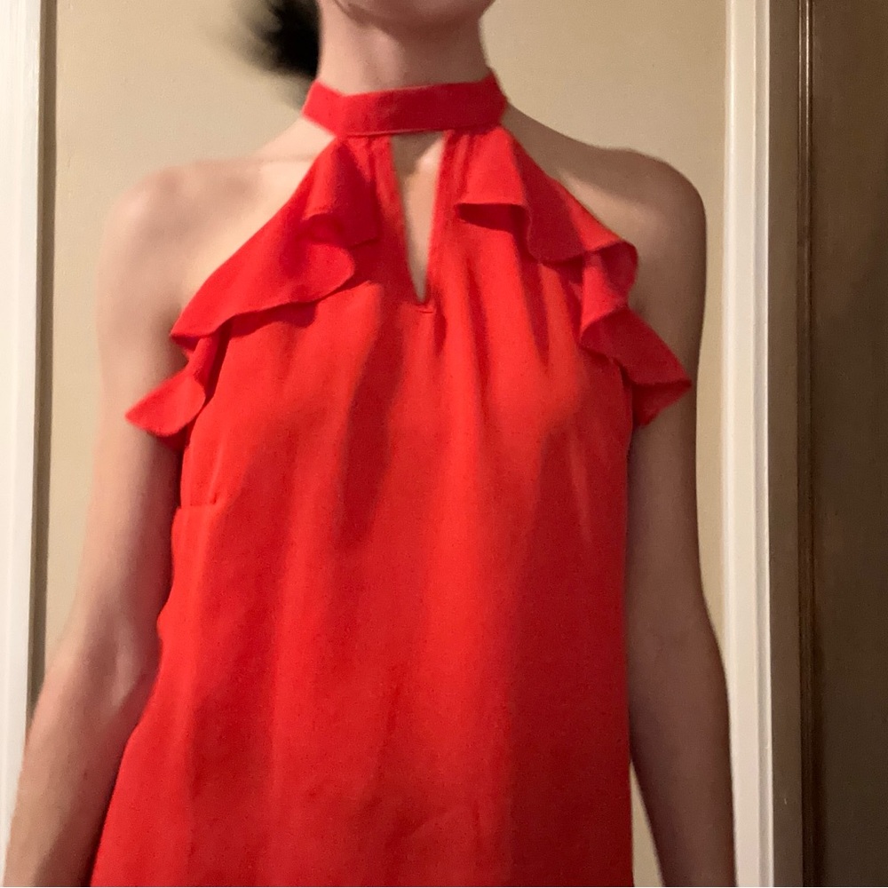 Worthington Small High Neck Red Tank Top with Ruffles